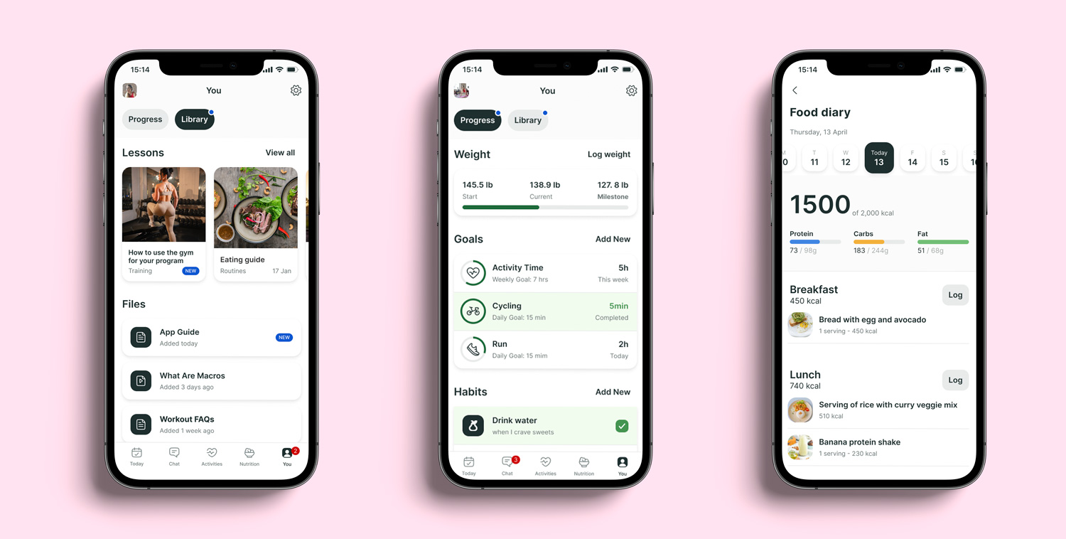 A mockup of the coaching app showcasing the different features.