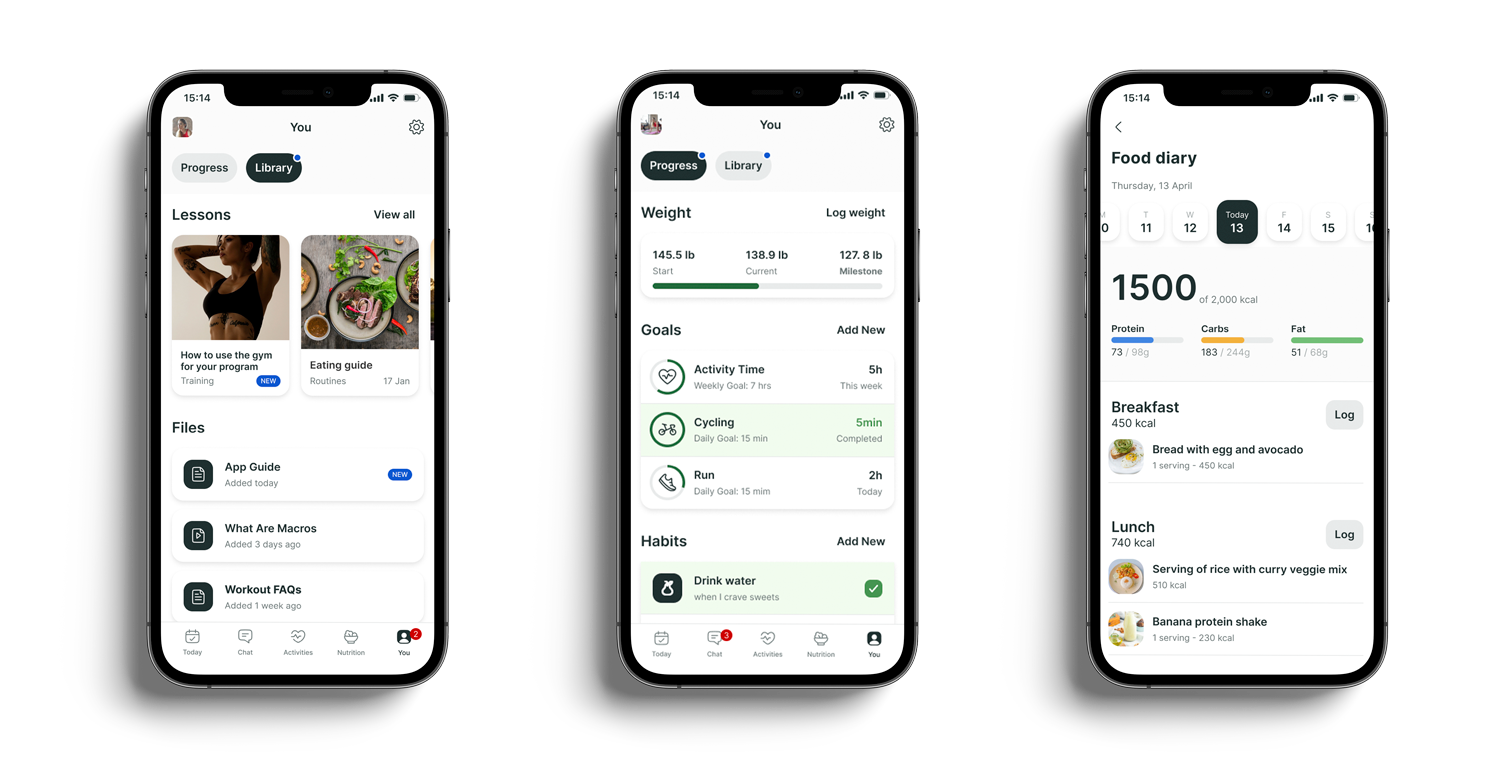 A mockup of the coaching app showcasing the different features.