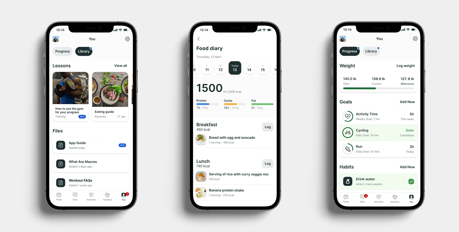 A mockup of the coaching app showcasing the different features.