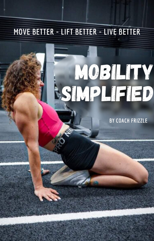 Coach flyer of mobility simplified showing coach posing on the floor in a aworkout outfit.