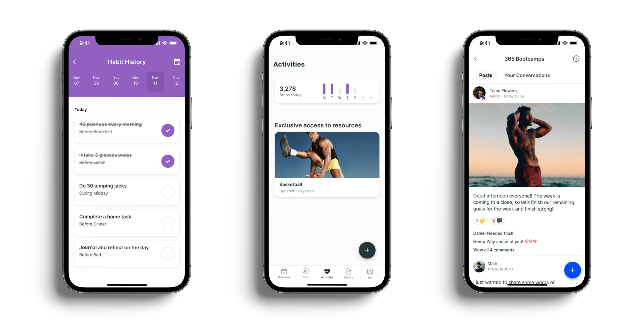 A mockup of the coaching app showcasing the different features.