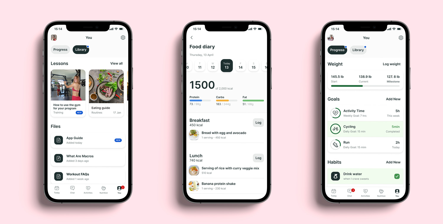 A mockup of the coaching app showcasing the different features.