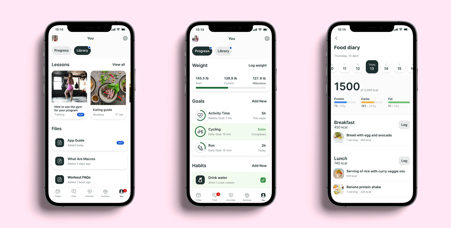 A mockup of the coaching app showcasing the different features.