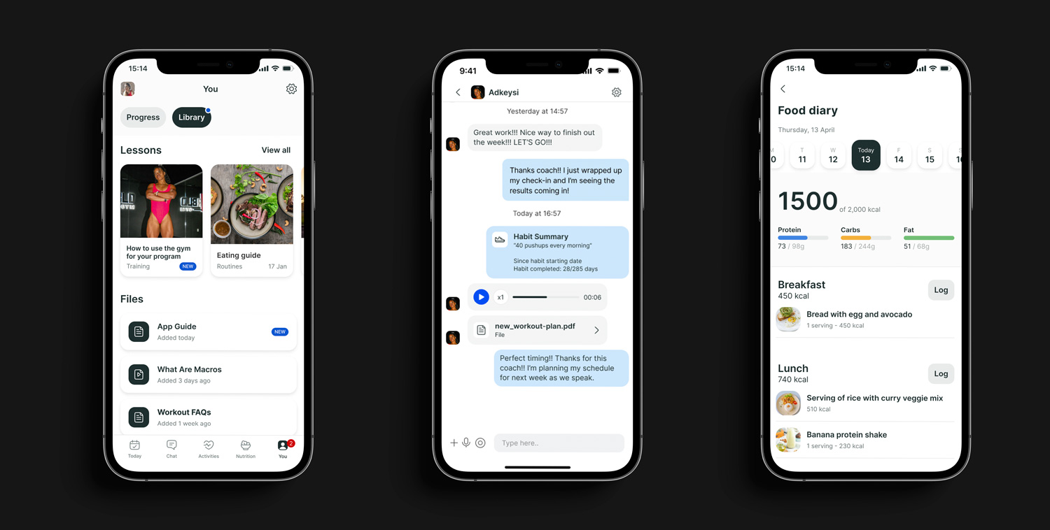 A mockup of the coaching app showcasing the different features.