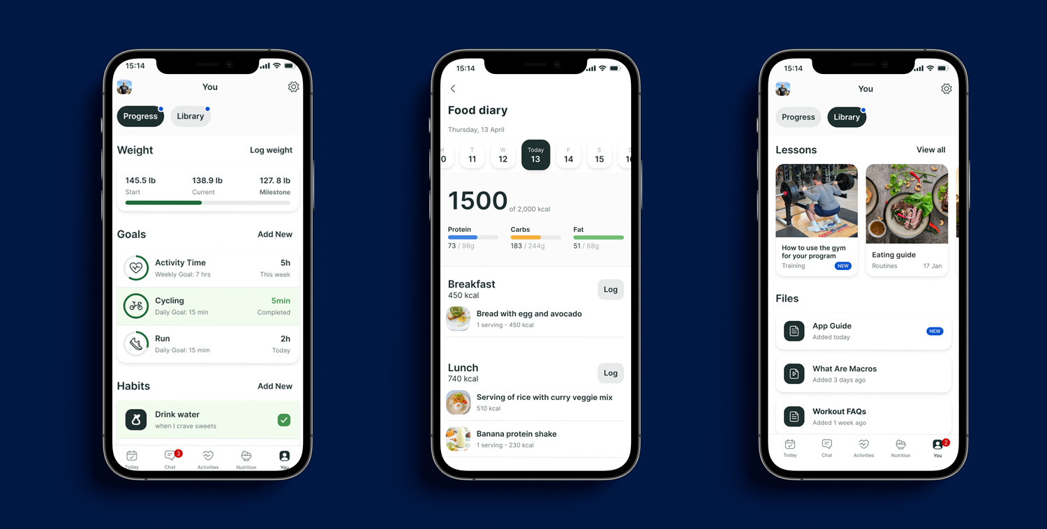 A mockup of the coaching app showcasing the different features.