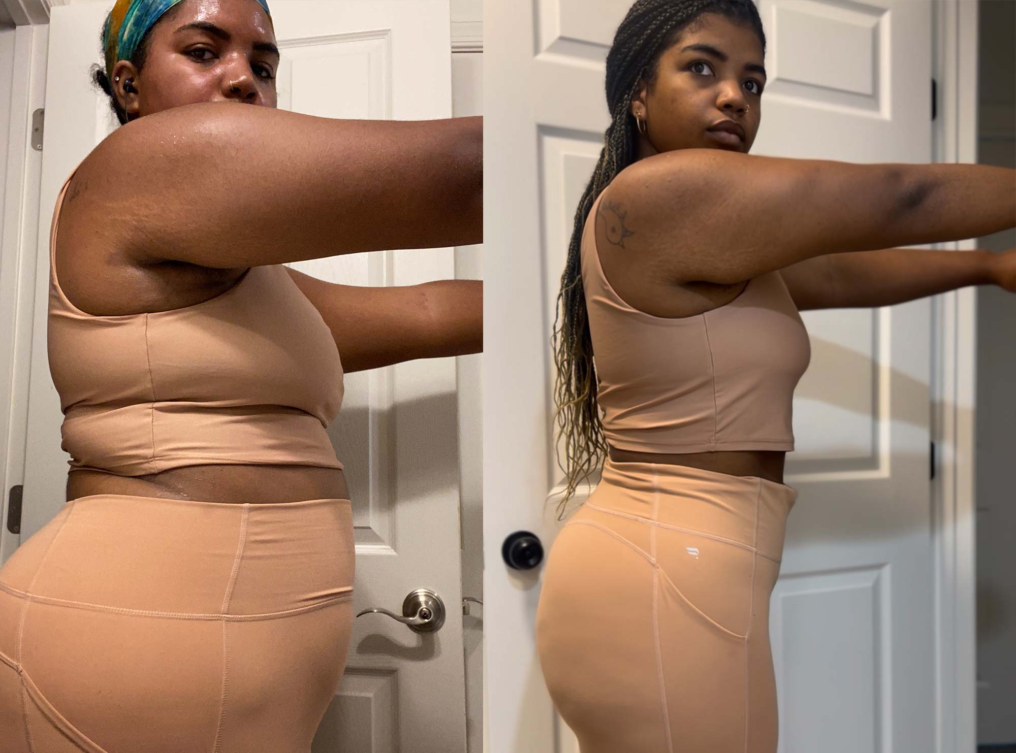Before and after transformation pictures of a coach, showing physical fitness progress.