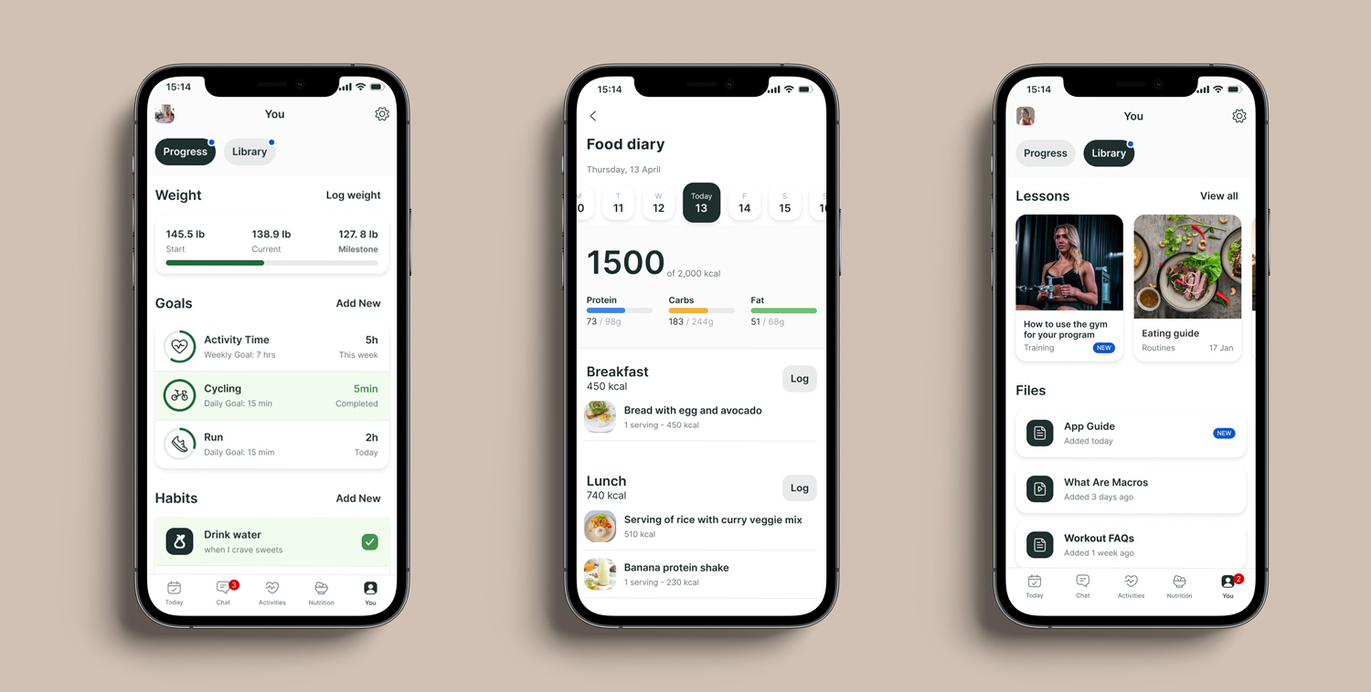 A mockup of the coaching app showcasing the different features.